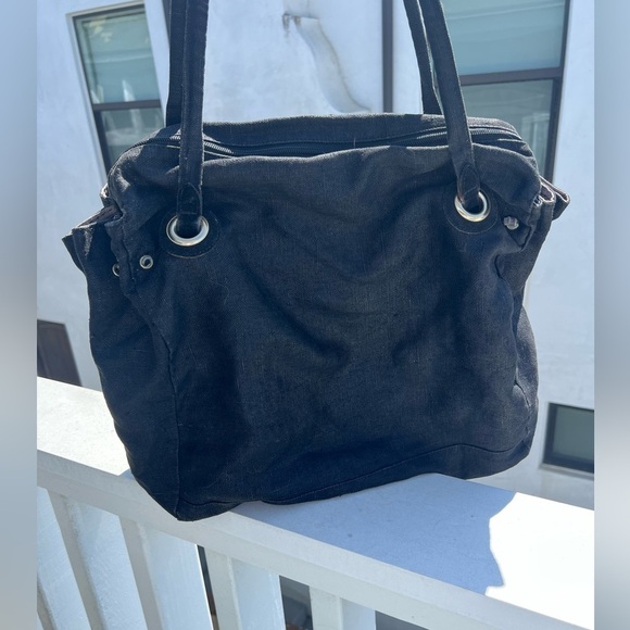 White Elephant Florence Italy linen canvas black fringe beaded tote aztec hippie - Picture 8 of 15